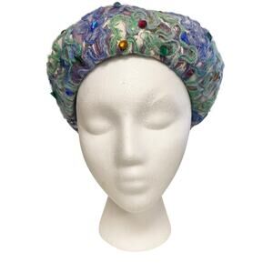 Vintage Gene Doris Colorful Blue Green Jewel Detail Pillbox Hat